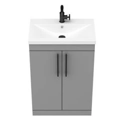 Arezzo Floor Standing Vanity Unit - Matt Grey - 600mm with Industrial Style Black Handles -Vanity Units Sales Store AZG6FSVBKIS d4 460