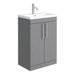 Arezzo Floor Standing Vanity Unit - Matt Grey - 600mm with Industrial Style Chrome Handles