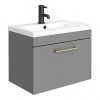 Arezzo 600 Matt Grey Wall Hung 1-Drawer Vanity Unit with Brushed Brass Handle