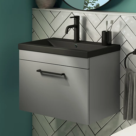 Arezzo 600 Matt Grey Wall Hung Vanity Unit with Matt Black Basin + Black Handle 1 Arezzo 600 Matt Grey Wall Hung Vanity Unit with Matt Black Basin + Black Handle