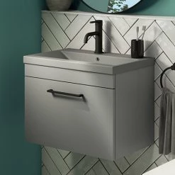 Arezzo 600 Matt Grey Wall Hung Vanity Unit with Matt Grey Basin + Black Handle