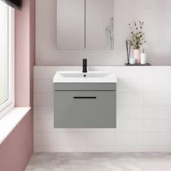 Arezzo 600 Matt Grey Wall Hung 1-Drawer Vanity Unit with Matt Black Handle -Vanity Units Sales Store AZG6WHVBK d2 460