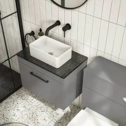 Arezzo Wall Hung Countertop Vanity Unit - Matt Grey - 600mm with Black Worktop & Matt Black Handle -Vanity Units Sales Store AZG6WHWMBB d4 460