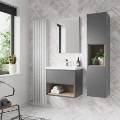 Arezzo Senza 500mm Matt Grey / Vicenza Oak Wall Hung Vanity Unit with Open Shelf + Ceramic Basin -Vanity Units Sales Store AZGREVO5 D3 460