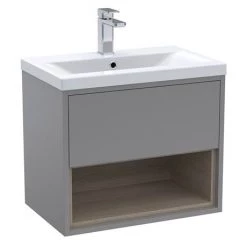 Arezzo Senza 600mm Matt Grey / Vicenza Oak Wall Hung Vanity Unit with Open Shelf + Ceramic Basin 6 Arezzo Senza 600mm Matt Grey / Vicenza Oak Wall Hung Vanity Unit with Open Shelf + Ceramic Basin -Vanity Units Sales Store AZGREVO6 D1A 460