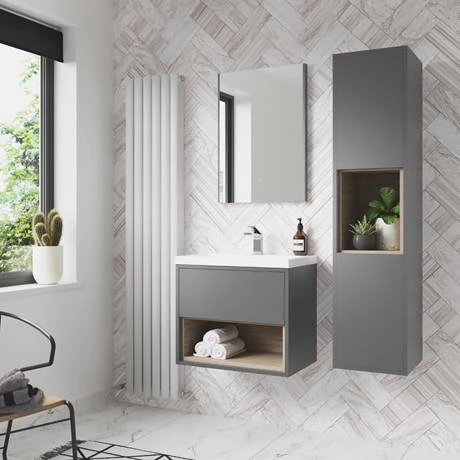 Arezzo Senza 600mm Matt Grey / Vicenza Oak Wall Hung Vanity Unit with Open Shelf + Ceramic Basin 4 Arezzo Senza 600mm Matt Grey / Vicenza Oak Wall Hung Vanity Unit with Open Shelf + Ceramic Basin - Image 4