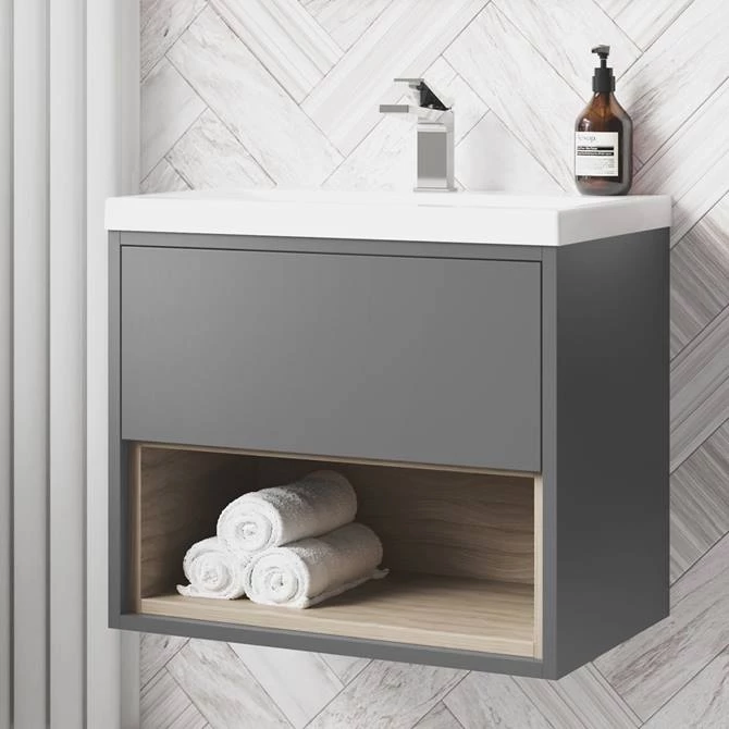 Arezzo Senza 600mm Matt Grey / Vicenza Oak Wall Hung Vanity Unit with Open Shelf + Ceramic Basin 1 Arezzo Senza 600mm Matt Grey / Vicenza Oak Wall Hung Vanity Unit with Open Shelf + Ceramic Basin