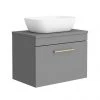 Arezzo Wall Hung Countertop Basin Unit - Grey with Brushed Brass Handle - 600mm inc. Basin