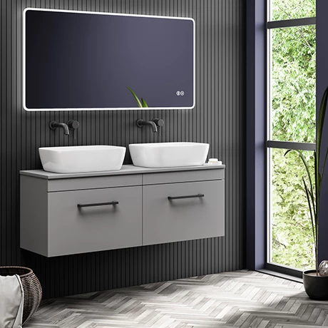Arezzo Matt Grey Wall Hung Double Countertop Vanity Unit incl. 2 Basins (1200mm w. Matt Black Handles) 1 Arezzo Matt Grey Wall Hung Double Countertop Vanity Unit incl. 2 Basins (1200mm w. Matt Black Handles)