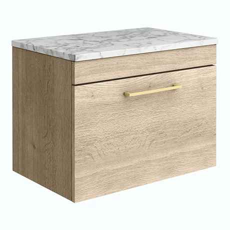 Arezzo Wall Hung Countertop Vanity Unit - Rustic Oak - 600mm w. Matt White Marble Worktop & Brass Handle 1 Arezzo Wall Hung Countertop Vanity Unit - Rustic Oak - 600mm w. Matt White Marble Worktop & Brass Handle
