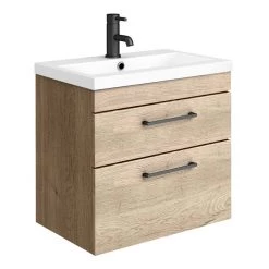 Arezzo 600 Rustic Oak Wall Hung 2-Drawers Vanity Unit with Matt Black Handles