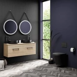 Arezzo Rustic Oak Wall Hung Double Countertop Vanity incl. 2 Matt Black Basins (1200mm w. Black Handles) -Vanity Units Sales Store AZOWHMB12RBB d4 460