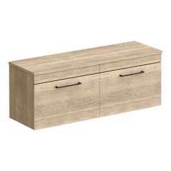 Arezzo Rustic Oak Wall Hung Double Countertop Vanity Unit (1200mm w. Matt Black Handles)