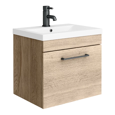 Arezzo Wall Hung Vanity Unit - Rustic Oak - 500mm with Matt Black Handle 1 Arezzo Wall Hung Vanity Unit - Rustic Oak - 500mm with Matt Black Handle