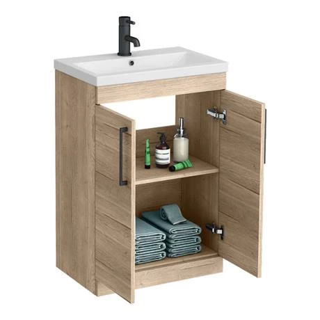 Arezzo Floor Standing Vanity Unit - Rustic Oak - 600mm with Matt Black Handles 2 Arezzo Floor Standing Vanity Unit - Rustic Oak - 600mm with Matt Black Handles - Image 2