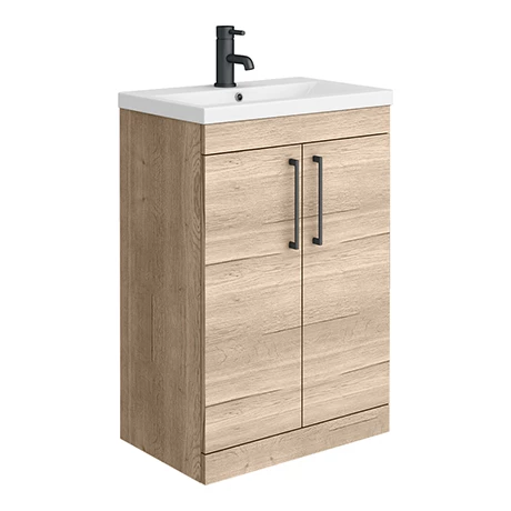 Arezzo Floor Standing Vanity Unit - Rustic Oak - 600mm with Matt Black Handles 1 Arezzo Floor Standing Vanity Unit - Rustic Oak - 600mm with Matt Black Handles