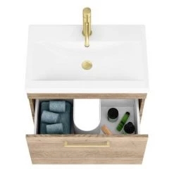 Arezzo Wall Hung Vanity Unit - Rustic Oak - 600mm with Brushed Brass Handle -Vanity Units Sales Store AZRO6WHVBB d3 460