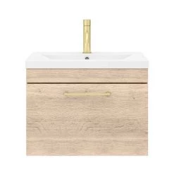 Arezzo Wall Hung Vanity Unit - Rustic Oak - 600mm with Brushed Brass Handle -Vanity Units Sales Store AZRO6WHVBB d4 460
