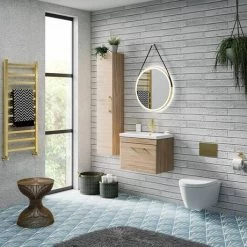 Arezzo Wall Hung Vanity Unit - Rustic Oak - 600mm with Brushed Brass Handle -Vanity Units Sales Store AZRO6WHVBB n d1 460