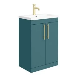 Arezzo Floor Standing Vanity Unit - Matt Green - 600mm with Industrial Style Brushed Brass Handles