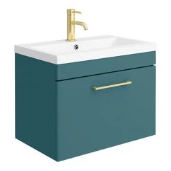 Arezzo Wall Hung Vanity Unit - Matt Green - 600mm 1-Drawer with Brushed Brass Handle