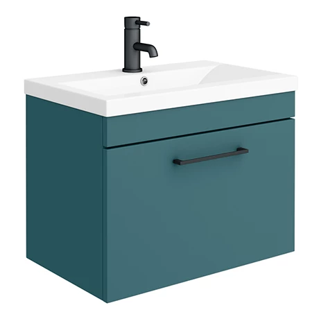 Arezzo Wall Hung Vanity Unit - Matt Green - 600mm 1-Drawer with Matt Black Handle 1 Arezzo Wall Hung Vanity Unit - Matt Green - 600mm 1-Drawer with Matt Black Handle