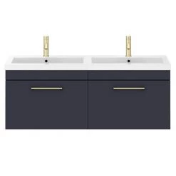 Arezzo Matt Blue Wall Hung Double Basin Vanity Unit (1205mm w. Brushed Brass Handles) -Vanity Units Sales Store AZWH12BBR1D d2 460