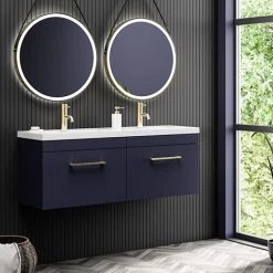 Arezzo Matt Blue Wall Hung Double Basin Vanity Unit (1205mm w. Brushed Brass Handles)
