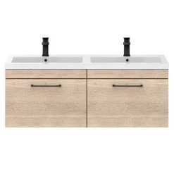 Arezzo Rustic Oak Wall Hung Double Basin Vanity Unit (1205mm w. Matt Black Handles) -Vanity Units Sales Store AZWH12OMBR1D d2 460