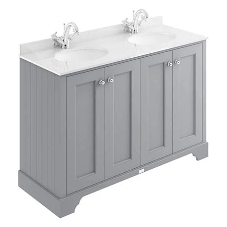 Bayswater Plummett Grey 1200mm 4 Door Vanity Unit & 1TH White Marble Double Bowl Basin Top 1 Bayswater Plummett Grey 1200mm 4 Door Vanity Unit & 1TH White Marble Double Bowl Basin Top