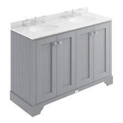 Bayswater Plummett Grey 1200mm 4 Door Vanity Unit & 3TH White Marble Double Bowl Basin Top