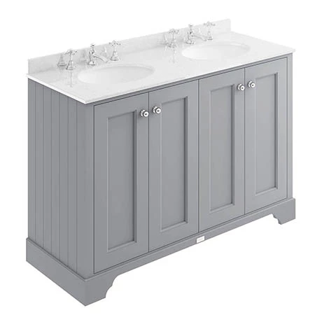 Bayswater Plummett Grey 1200mm 4 Door Vanity Unit & 3TH White Marble Double Bowl Basin Top 1 Bayswater Plummett Grey 1200mm 4 Door Vanity Unit & 3TH White Marble Double Bowl Basin Top