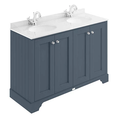 Bayswater Stiffkey Blue 1200mm 4 Door Vanity Unit & 1TH White Marble Double Bowl Basin Top 1 Bayswater Stiffkey Blue 1200mm 4 Door Vanity Unit & 1TH White Marble Double Bowl Basin Top