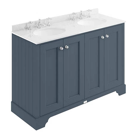 Bayswater Stiffkey Blue 1200mm 4 Door Vanity Unit & 3TH White Marble Double Bowl Basin Top 1 Bayswater Stiffkey Blue 1200mm 4 Door Vanity Unit & 3TH White Marble Double Bowl Basin Top