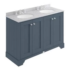Bayswater Stiffkey Blue 1200mm 4 Door Vanity Unit & 3TH Grey Marble Double Bowl Basin Top