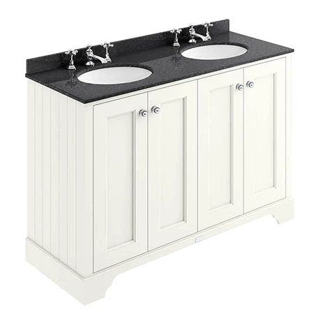 Bayswater Pointing White 1200mm 4 Door Vanity Unit & 3TH Black Marble Double Bowl Basin Top 1 Bayswater Pointing White 1200mm 4 Door Vanity Unit & 3TH Black Marble Double Bowl Basin Top