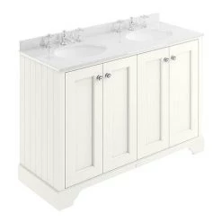 Bayswater Pointing White 1200mm 4 Door Vanity Unit & 3TH White Marble Double Bowl Basin Top