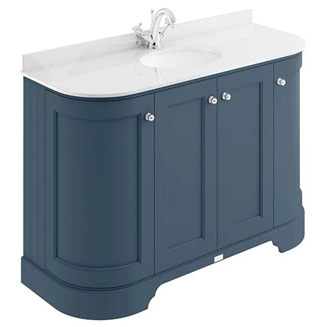 Bayswater Stiffkey Blue Curved 1200mm 4-Door Vanity Unit & 1TH White Marble Single Bowl Basin Top 1 Bayswater Stiffkey Blue Curved 1200mm 4-Door Vanity Unit & 1TH White Marble Single Bowl Basin Top