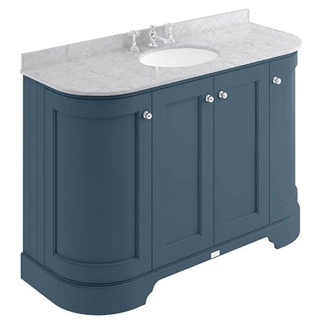 Bayswater Stiffkey Blue Curved 1200mm 4-Door Vanity Unit & 3TH Grey Marble Single Bowl Basin Top 1 Bayswater Stiffkey Blue Curved 1200mm 4-Door Vanity Unit & 3TH Grey Marble Single Bowl Basin Top