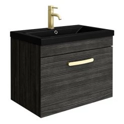 Brooklyn 600mm Black Wall Hung 1-Drawer Vanity Unit with Matt Black Basin + Brass Handle