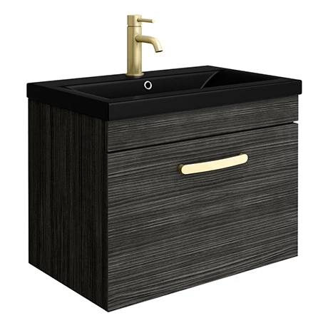 Brooklyn 600mm Black Wall Hung 1-Drawer Vanity Unit with Matt Black Basin + Brass Handle 1 Brooklyn 600mm Black Wall Hung 1-Drawer Vanity Unit with Matt Black Basin + Brass Handle
