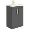 Brooklyn 600mm Gloss Grey Vanity Unit with Brushed Brass Handles
