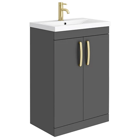 Brooklyn 600mm Gloss Grey Vanity Unit with Brushed Brass Handles 1 Brooklyn 600mm Gloss Grey Vanity Unit with Brushed Brass Handles
