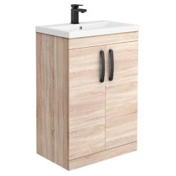 Brooklyn Natural Oak Vanity Unit - 600mm Wide with Matt Black Handles