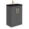 Brooklyn 600mm Gloss Grey Floor Standing Vanity Unit with Matt Black Basin + Brass Handles