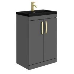 Brooklyn 600mm Gloss Grey Floor Standing Vanity Unit with Matt Black Basin + Brass Handles