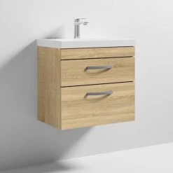 Brooklyn 600 Natural Oak Wall Hung 2 Drawer Vanity Unit with Thin-Edge Basin -Vanity Units Sales Store BWH6OAK2DTE d3 460