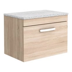 Brooklyn Wall Hung Countertop Vanity Unit - Natural Oak - 600mm with White Worktop & Chrome Handle