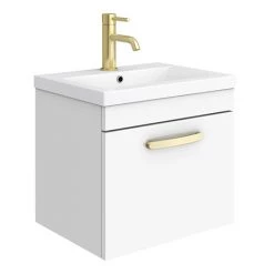 Brooklyn 500mm Gloss White Wall Hung 1-Drawer Vanity Unit with Brushed Brass Handle