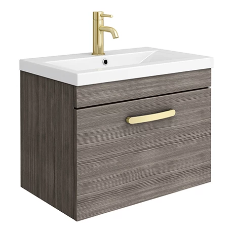 Brooklyn 600mm Grey Avola Wall Hung 1-Drawer Vanity Unit with Brushed Brass Handle 1 Brooklyn 600mm Grey Avola Wall Hung 1-Drawer Vanity Unit with Brushed Brass Handle